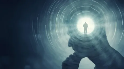 Photo depicting a figure walking inside of another person's mind.